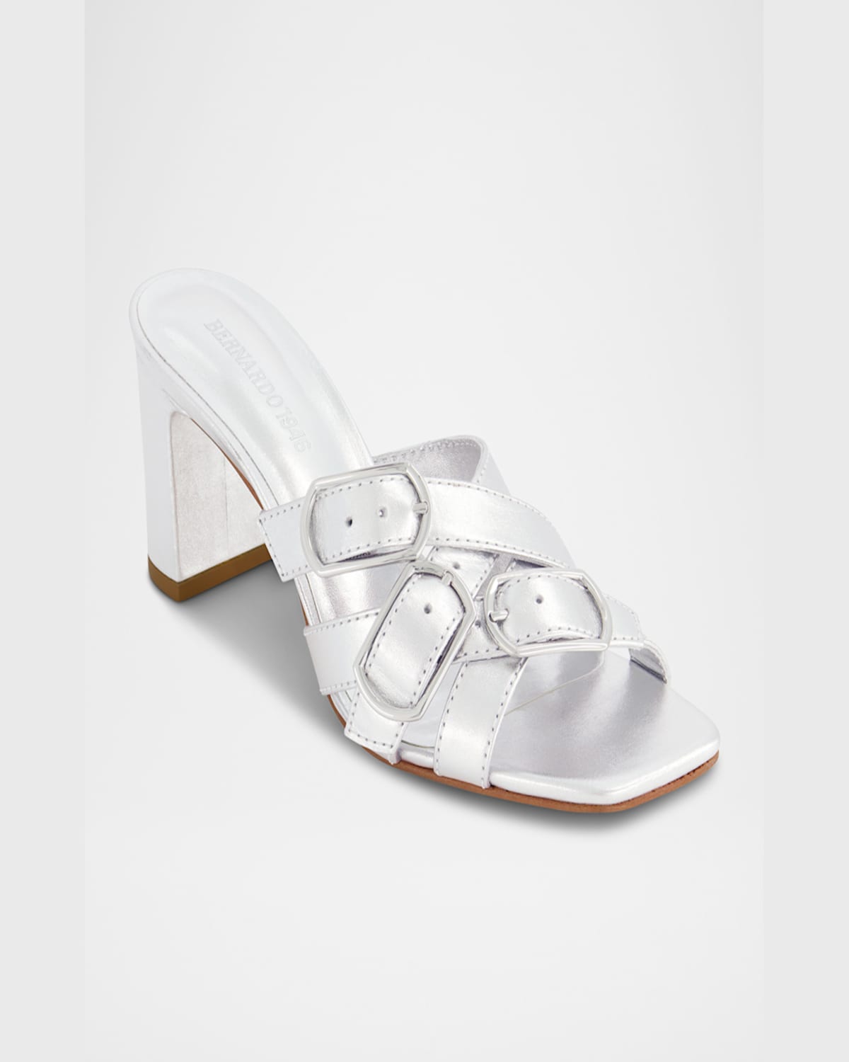 BERNARDO 1946 BEA METALLIC BUCKLE MULE SANDALS 