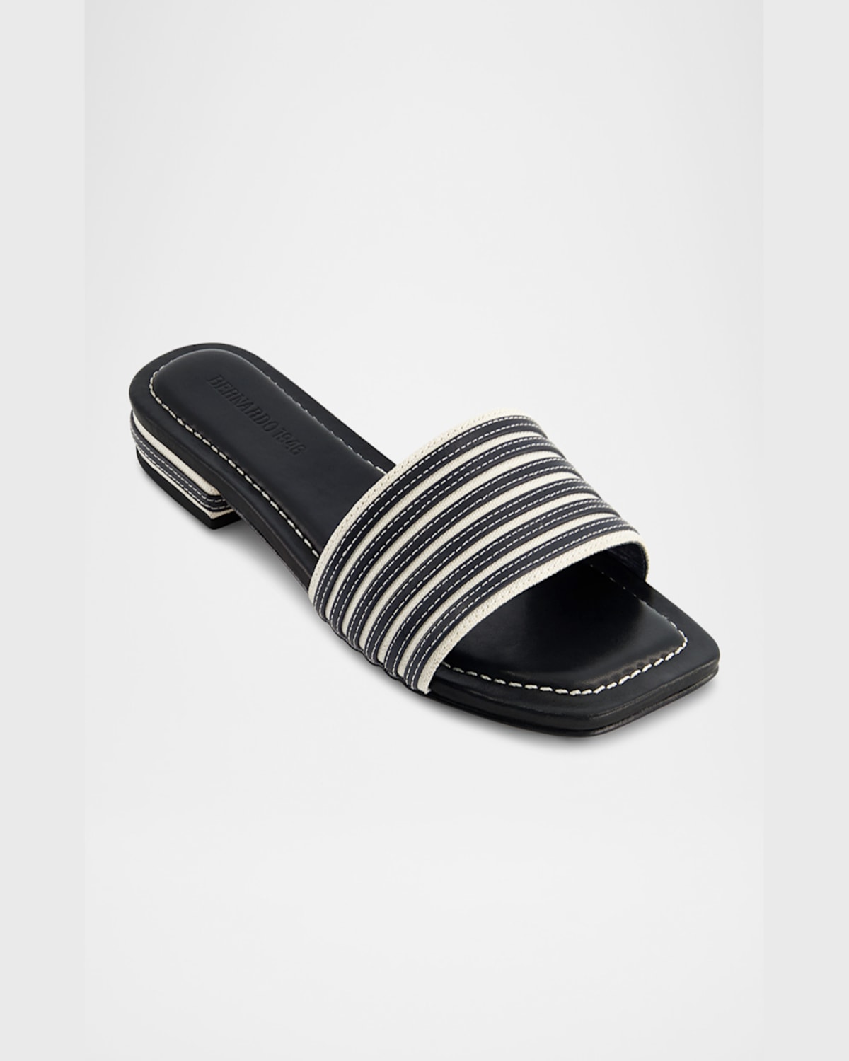 Bernardo 1946 Myko Bicolor Flat Slide Sandals In Black Glove Leather/ Natural Canvas