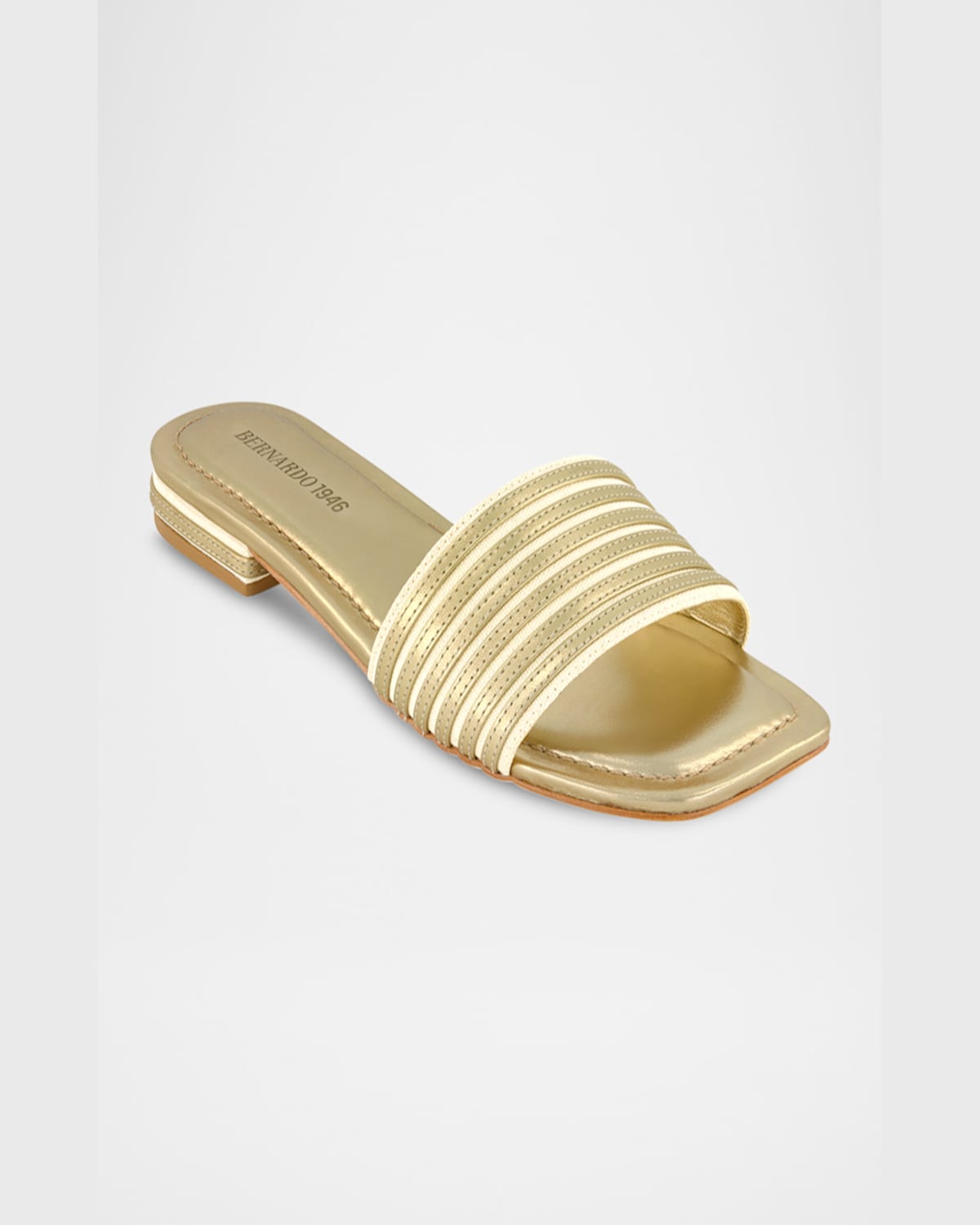 Bernardo 1946 Myko Bicolor Flat Slide Sandals In Light Gold Metallic Glove Leather/ Natural Canvas