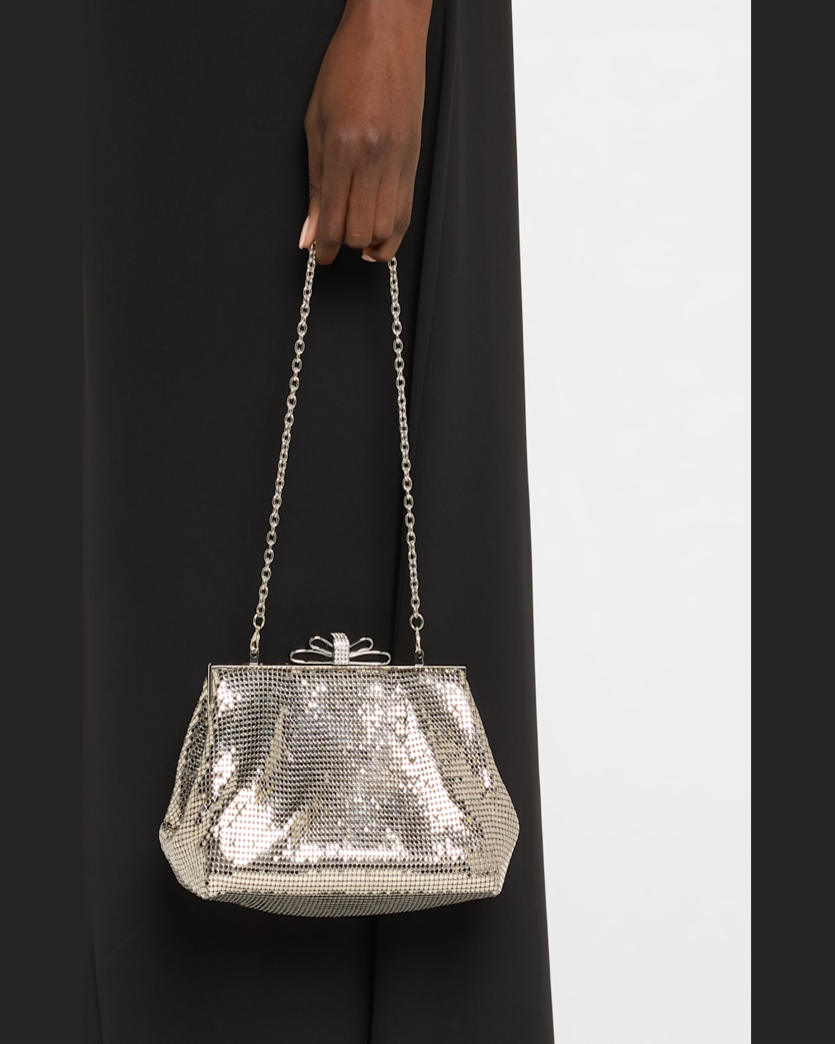Whiting & Davis Blake Bow Mesh Brass Clutch Bag In Pewter