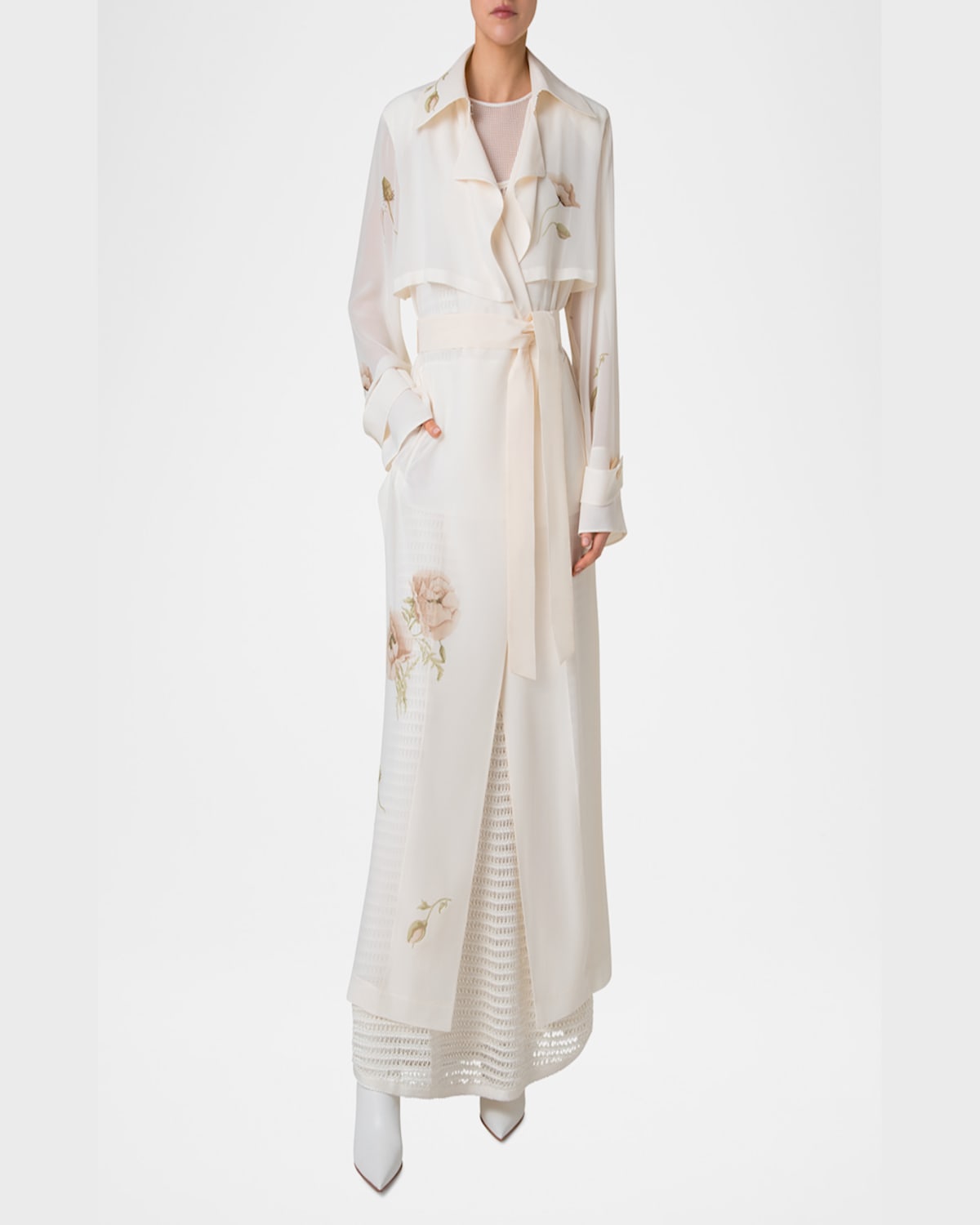 Akris Haider Floral-print Silk Crepe Trench Coat In Ecru-greige