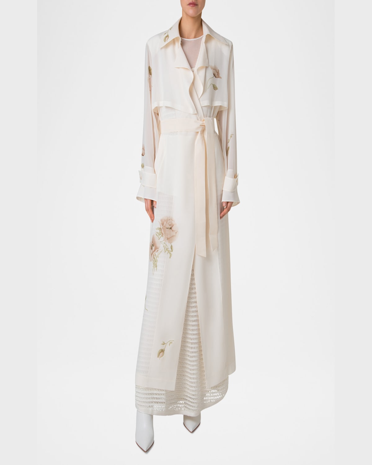 Akris Haider Floral-print Silk Crepe Trench Coat In Ecru-greige