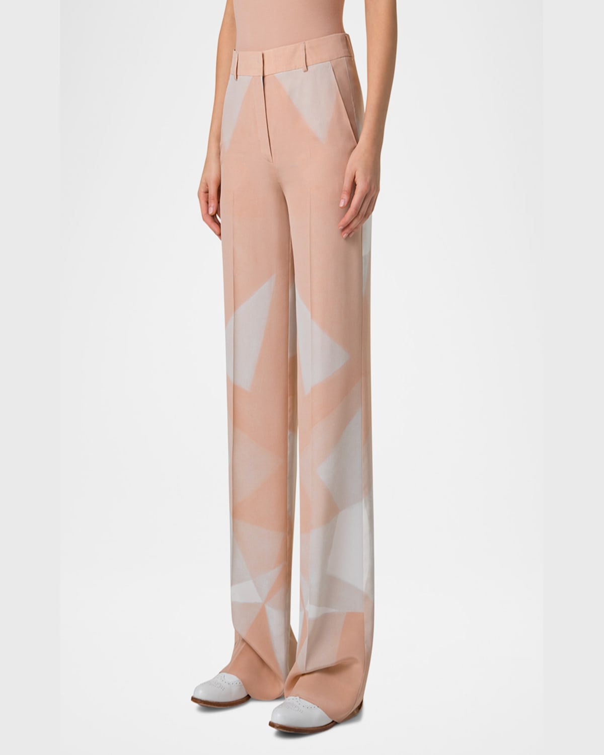 Akris Melin Chiaroscuro-print Straight-leg Silk Crepe Pants In Seashell