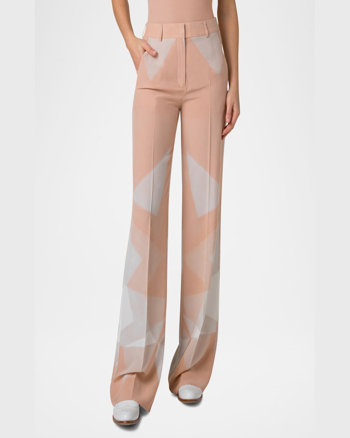 Akris Melin Chiaroscuro-print Straight-leg Silk Crepe Pants In Seashell