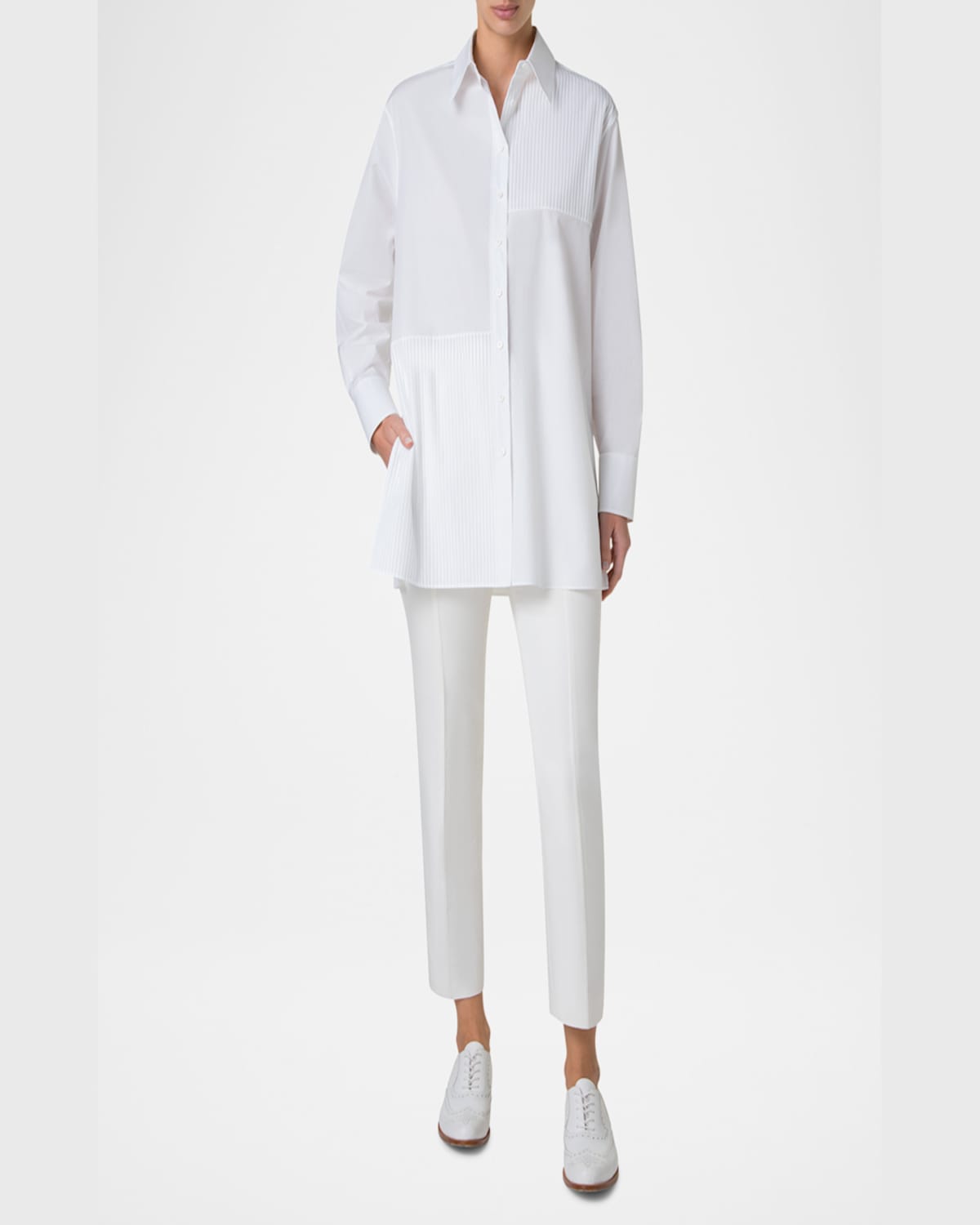 Akris Oversize Pleated Panel Cotton Voile Button-up Shirt In Pure White