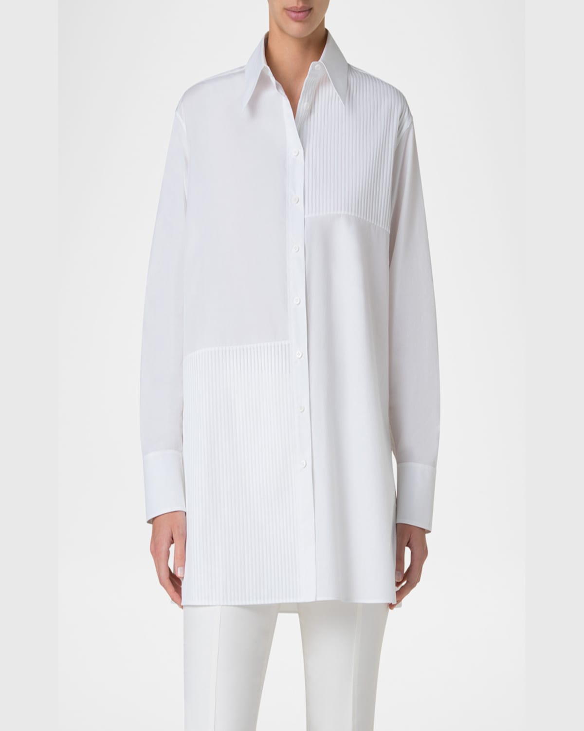 Akris Oversize Pleated Panel Cotton Voile Button-up Shirt In Pure White
