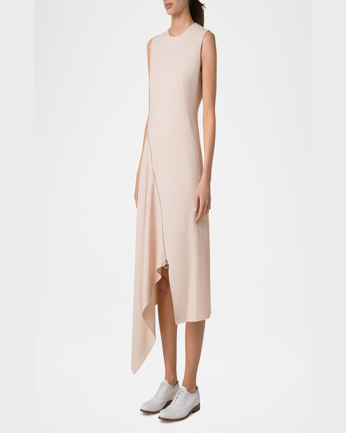 Akris High-low Zip Wool Crepe Midi Dress In Seashell