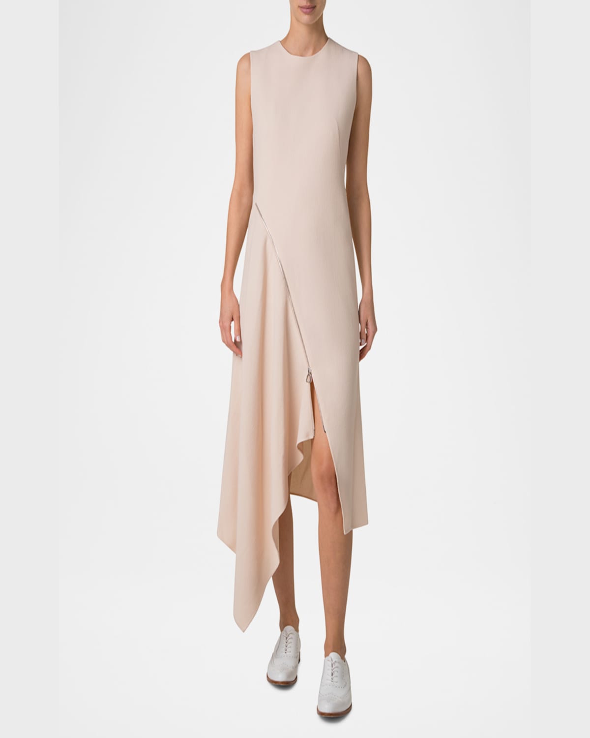 Akris High-low Zip Wool Crepe Midi Dress In Seashell