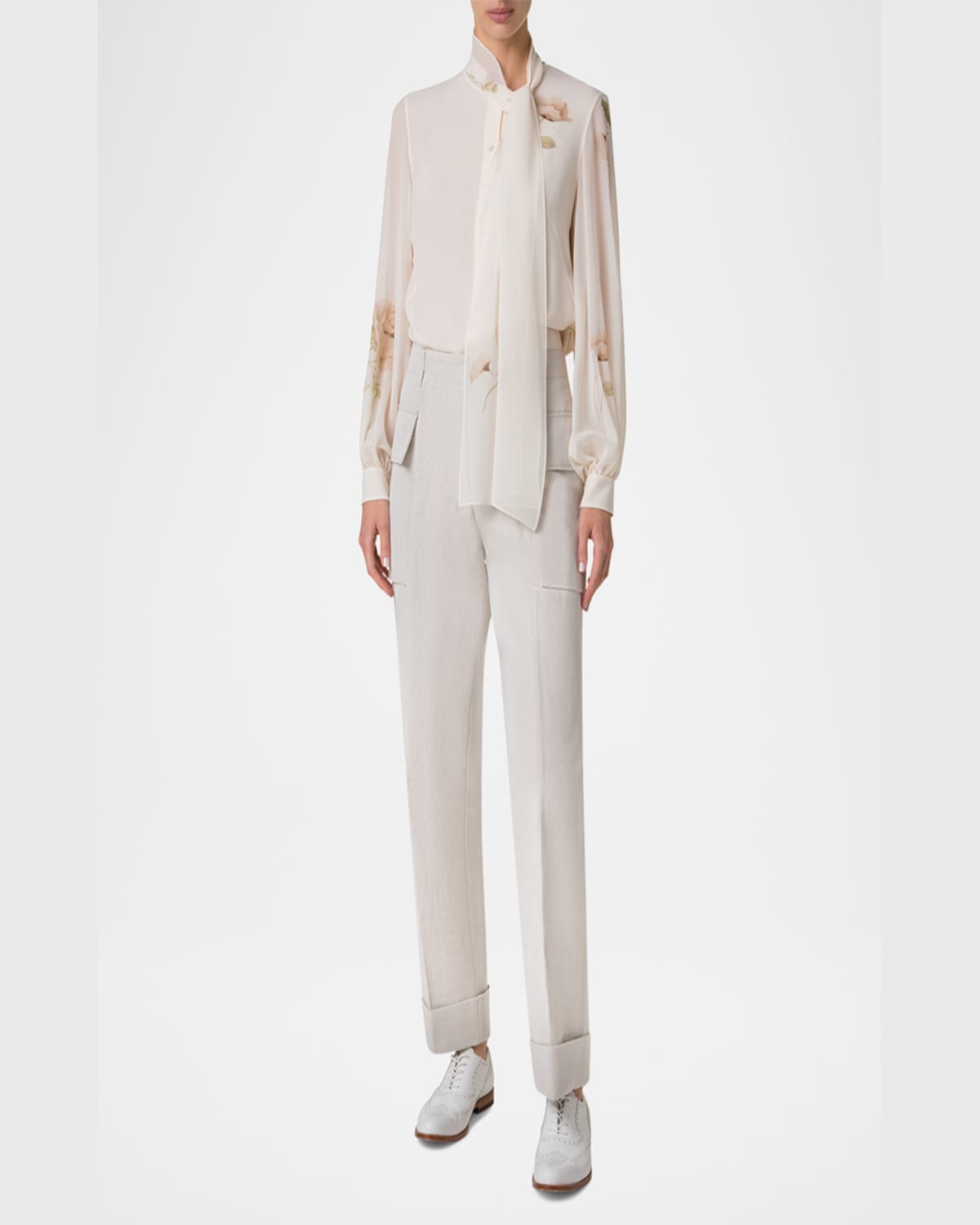 Akris Floral-print Georgette Scarf Blouse In Ecru-greige