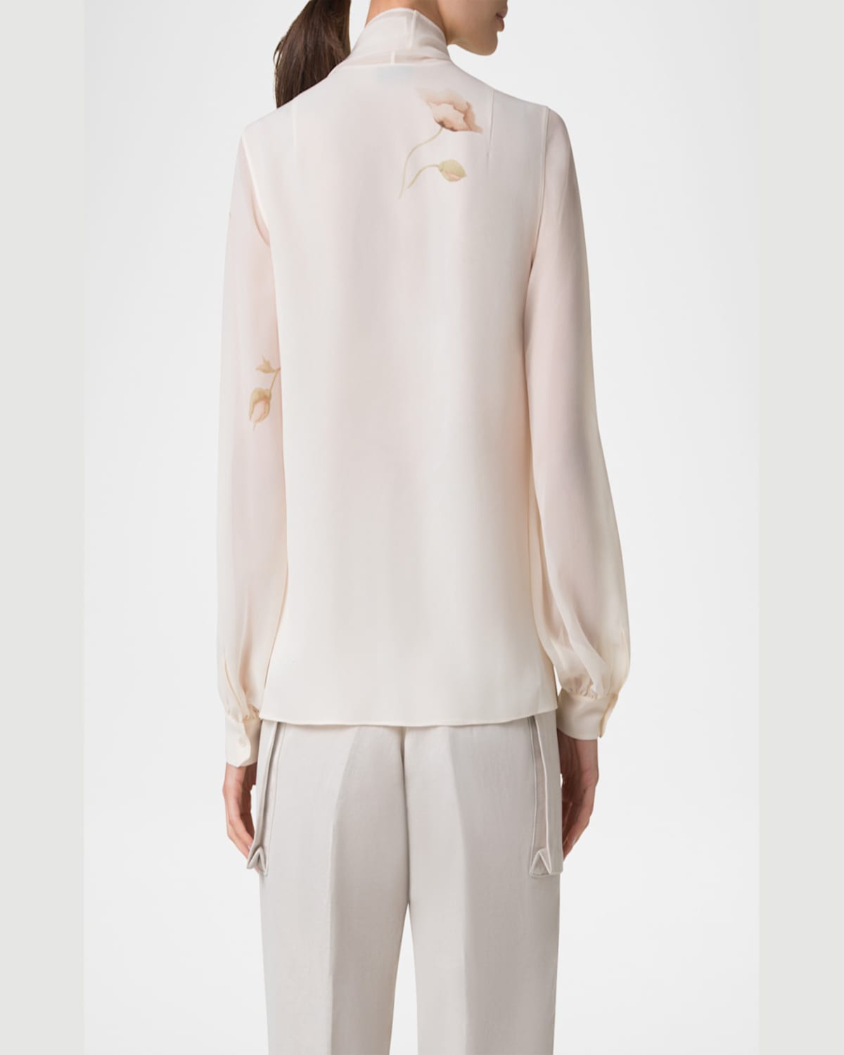 Akris Floral-print Georgette Scarf Blouse In Ecru-greige