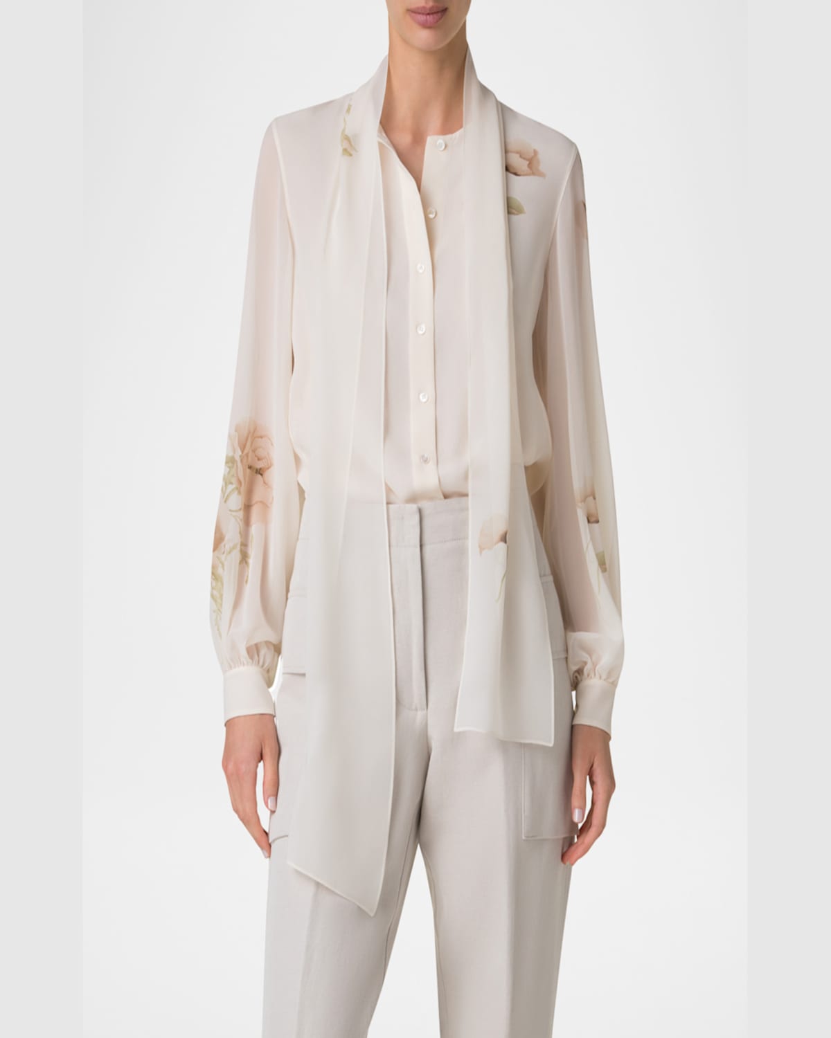 Akris Floral-print Georgette Scarf Blouse In Ecru-greige