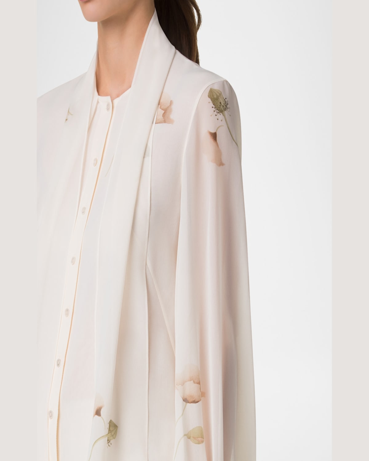 Akris Floral-print Georgette Scarf Blouse In Ecru-greige