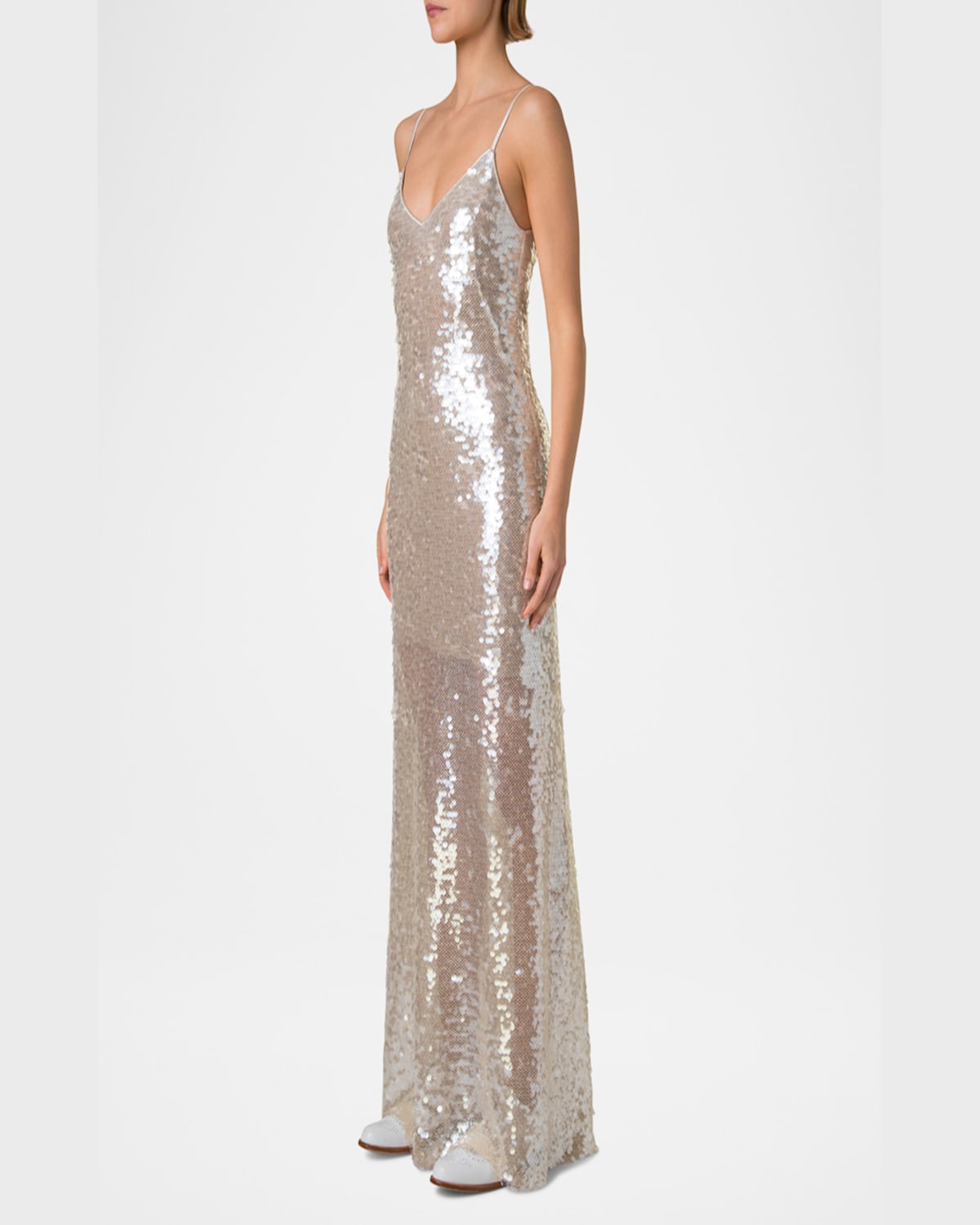 Akris Sleeveless Sequin Gown In Greige