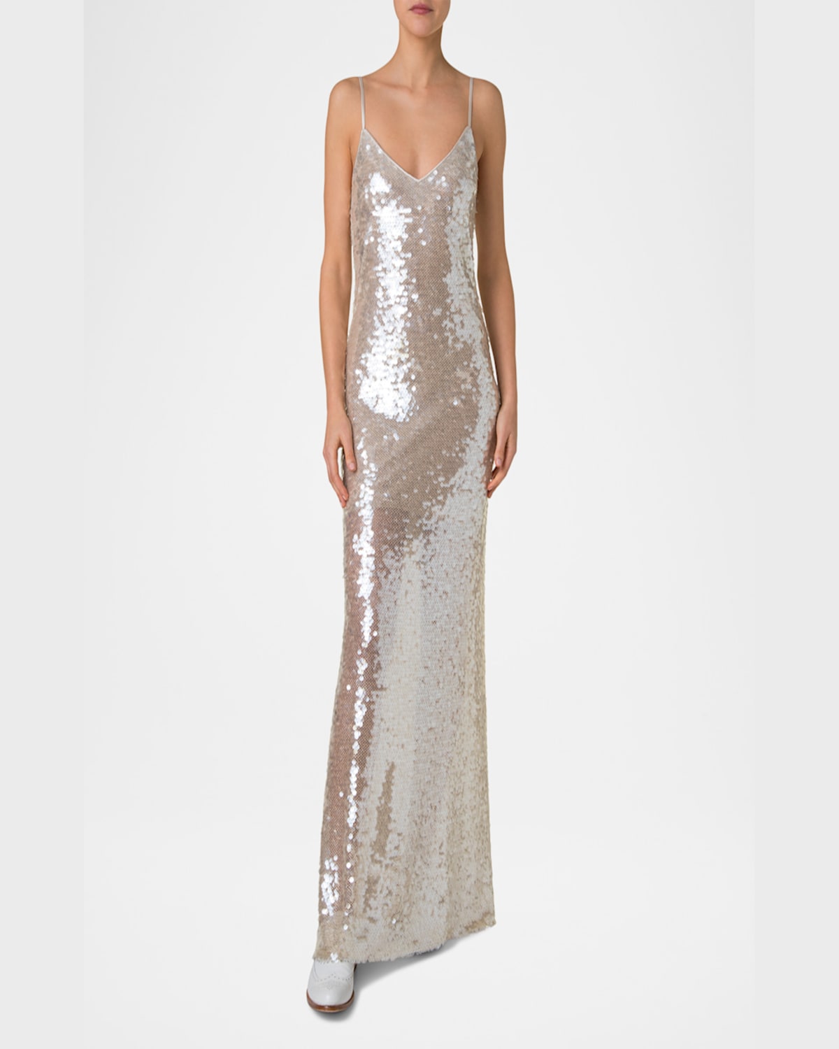 Akris Sleeveless Sequin Gown In Greige