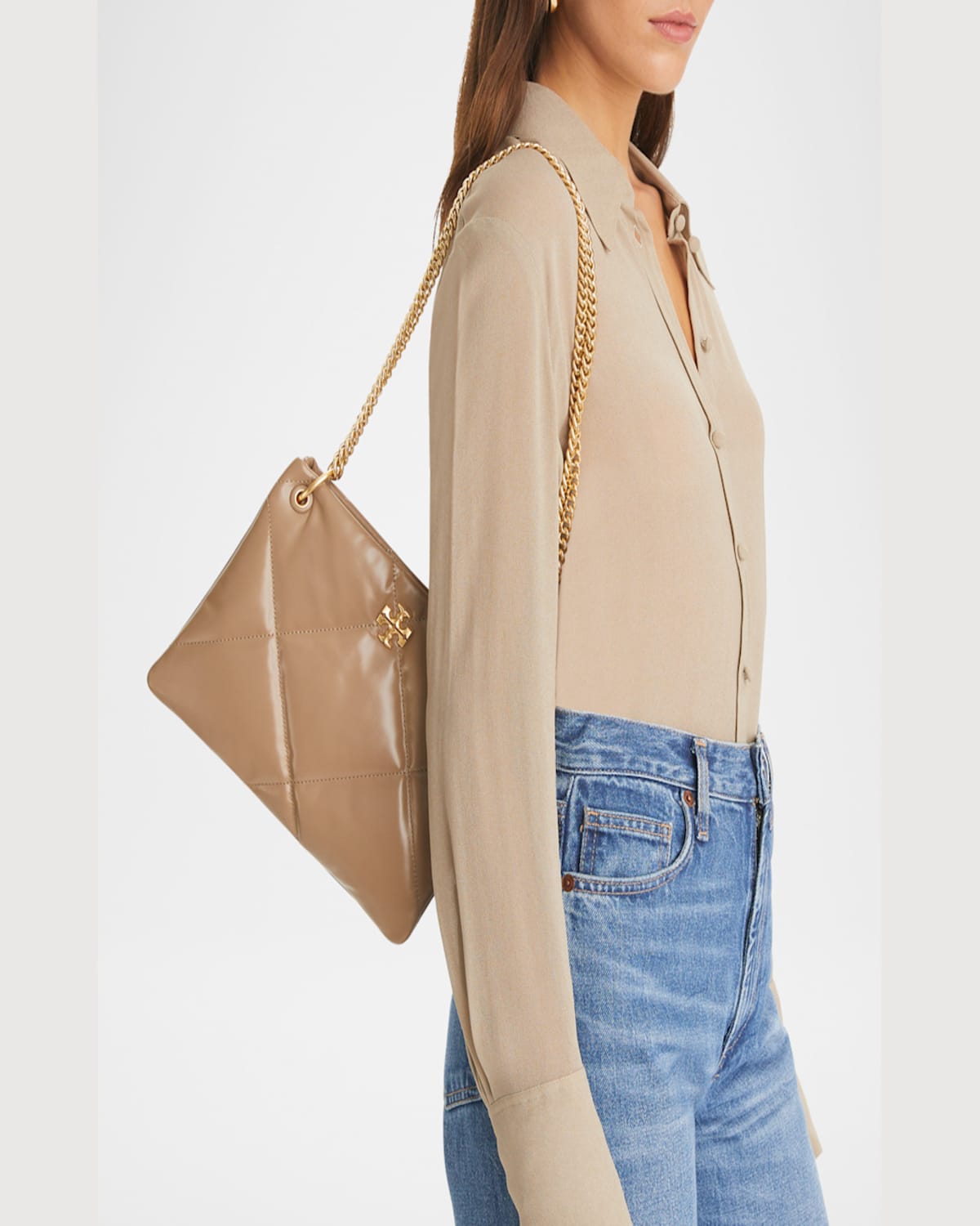 Tory Burch Small Kira Diamond Quilted Leather Shoulder Bag In Taupe Oak