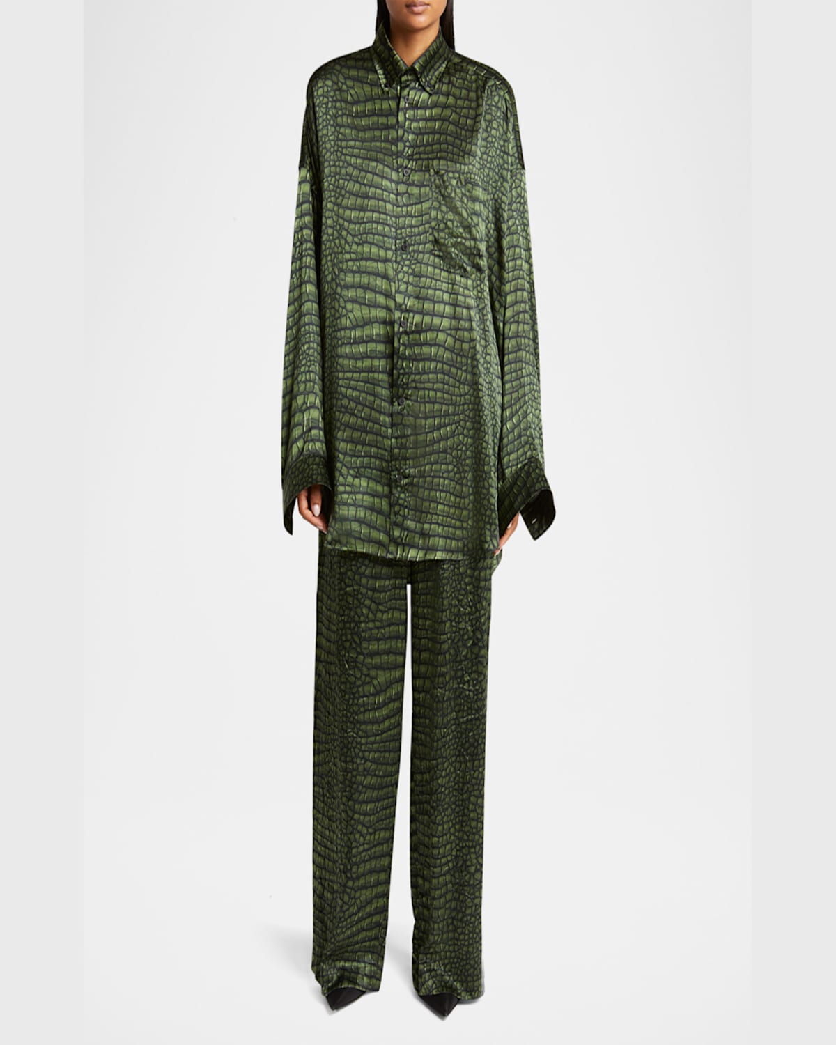 Shop Balenciaga Crocodile Print Satin Button Down Cocoon Blouse In Green