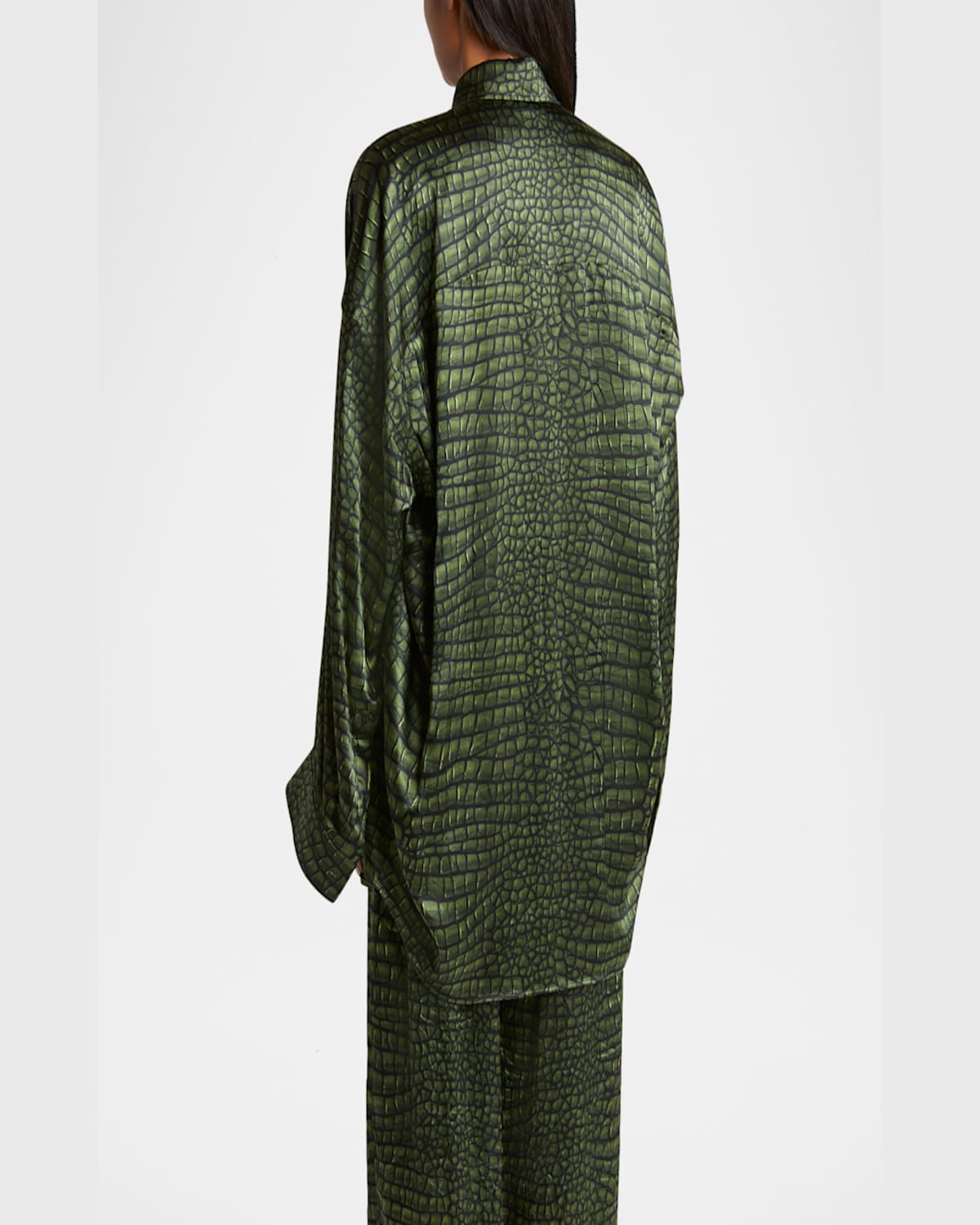 Shop Balenciaga Crocodile Print Satin Button Down Cocoon Blouse In Green