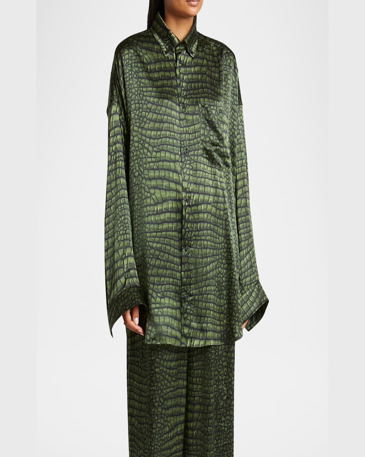 Shop Balenciaga Crocodile Print Satin Button Down Cocoon Blouse In Green