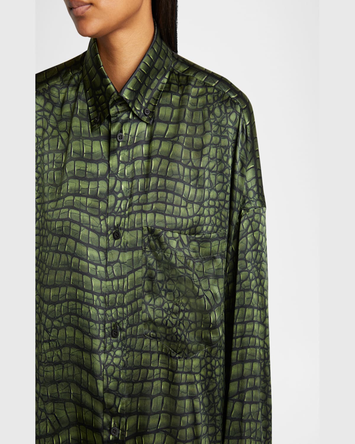 Shop Balenciaga Crocodile Print Satin Button Down Cocoon Blouse In Green