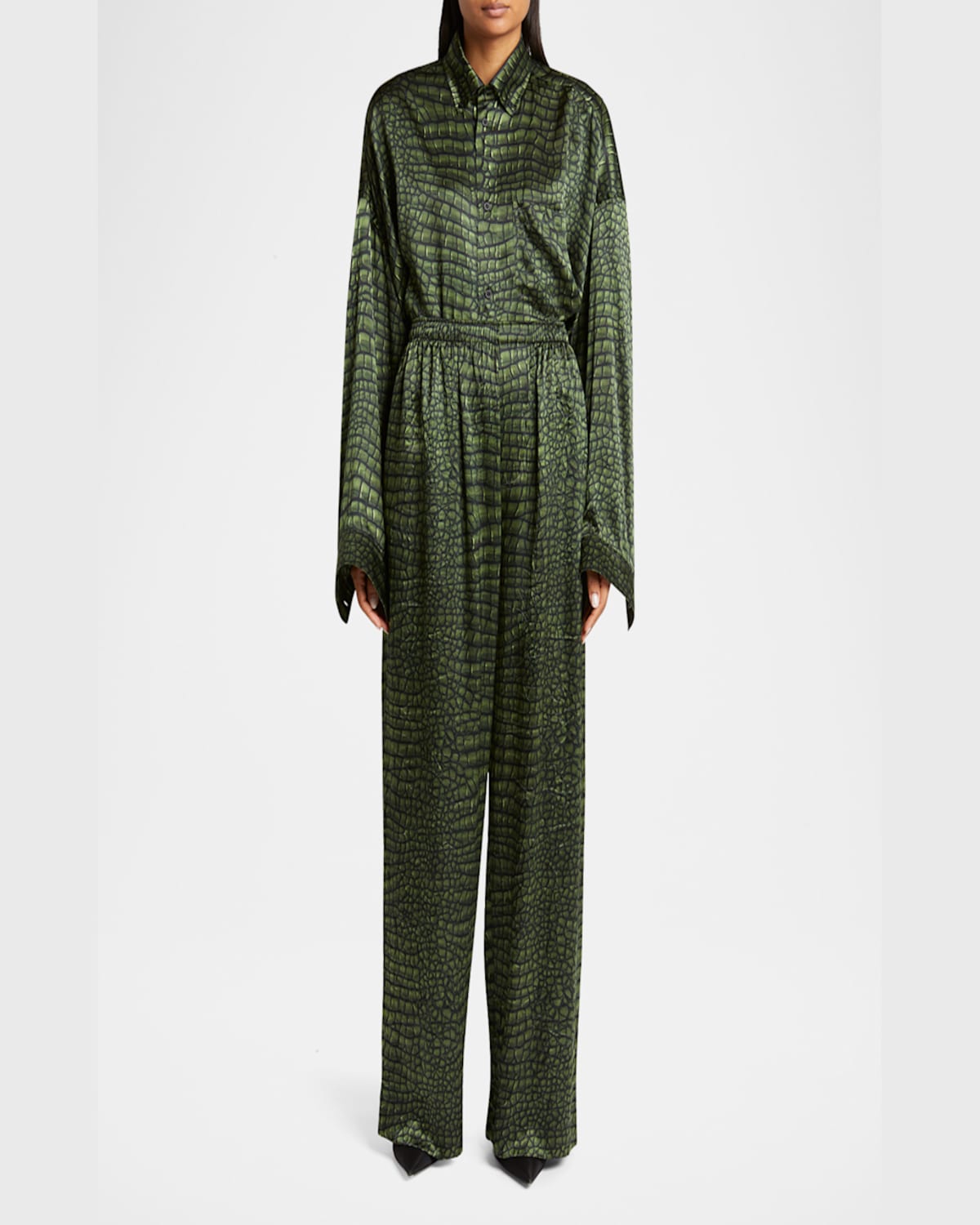 Balenciaga Crocodile Print Elastic Waistband Trousers In Green