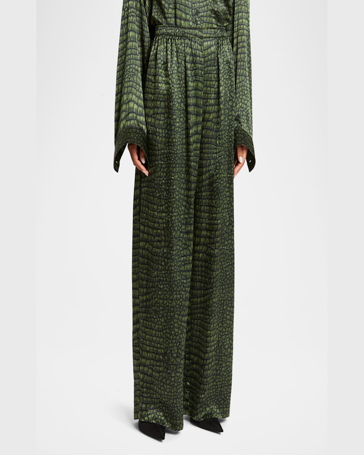 Balenciaga Crocodile Print Elastic Waistband Trousers In Green