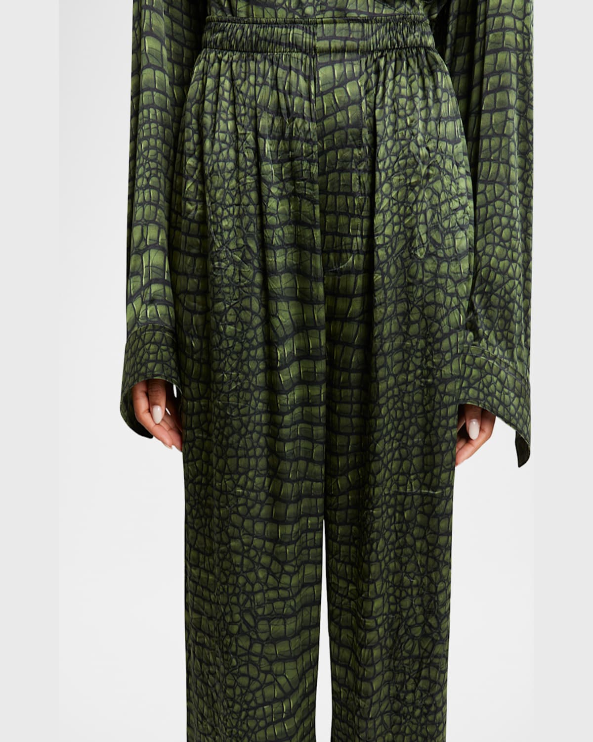 Balenciaga Crocodile Print Elastic Waistband Trousers In Green