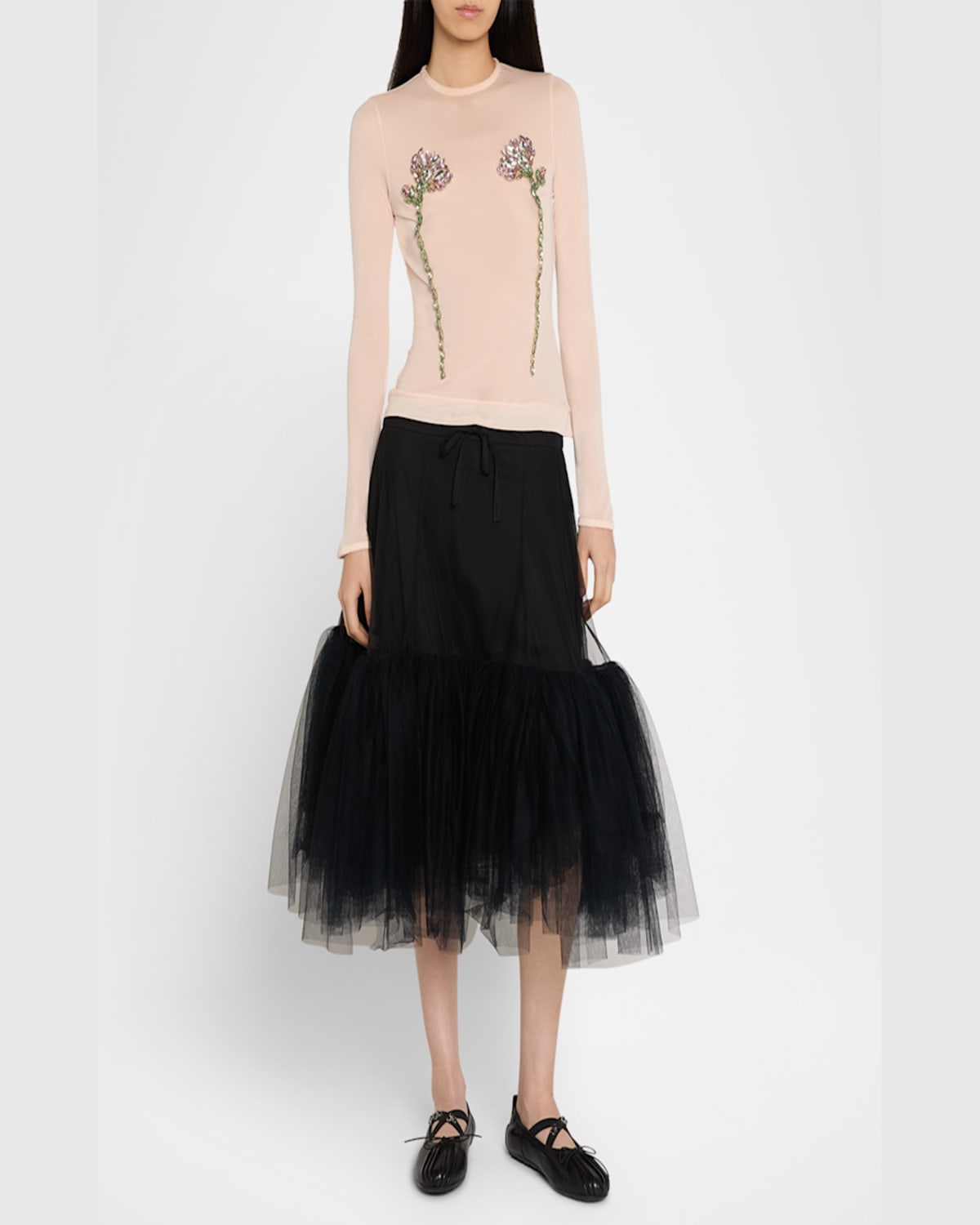 Simone Rocha Beige Embellished Double Carnation Mesh Top In Nude Nude Pink Multi
