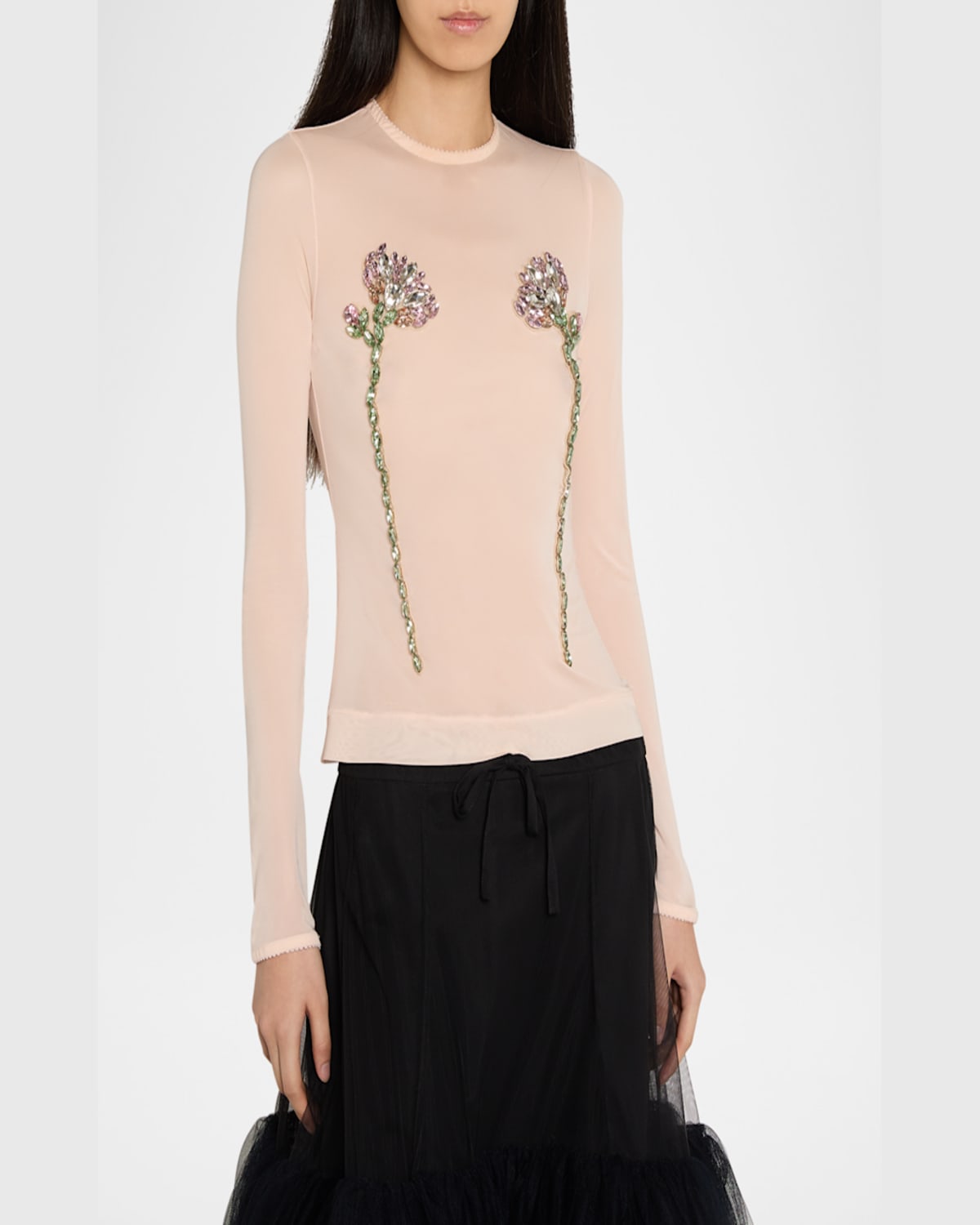 Simone Rocha Beige Embellished Double Carnation Mesh Top In Nude Nude Pink Multi