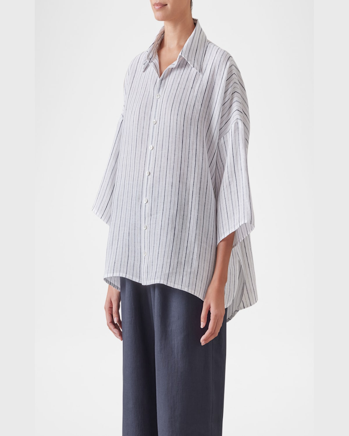 Shop Eskandar Sloped Shoulder Wide A-line Short-sleeve Shirt With Collar (mid Length) In Navygold