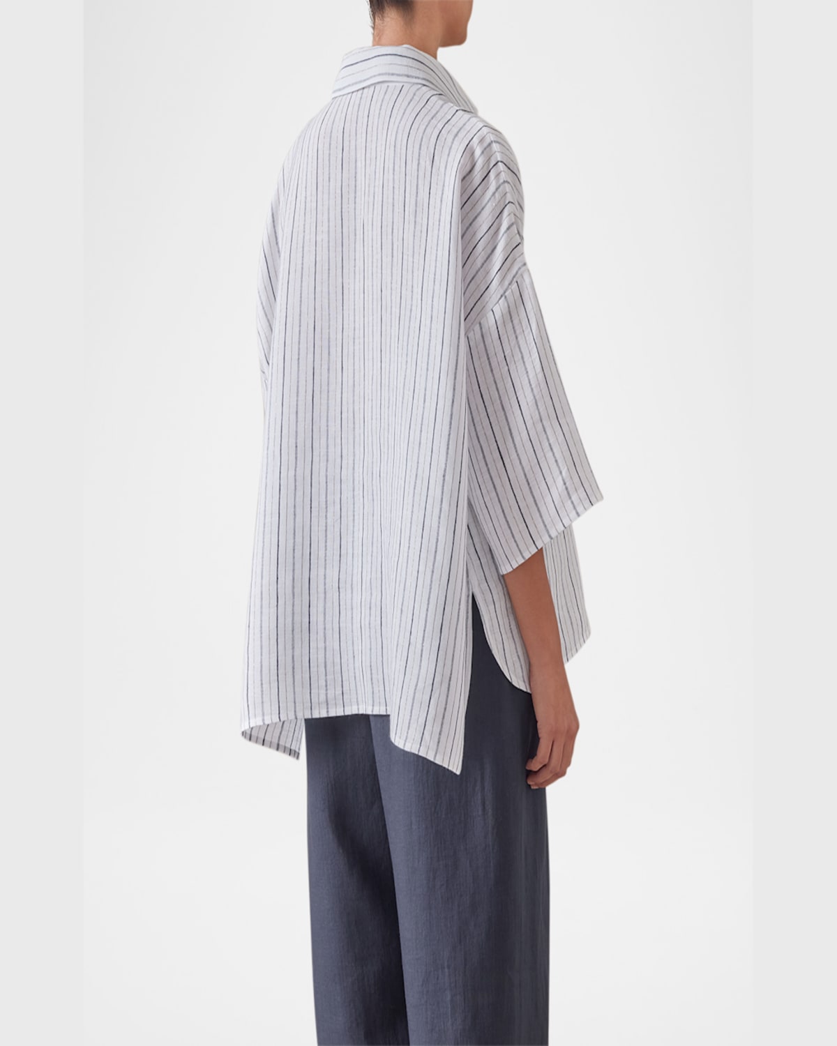 Shop Eskandar Sloped Shoulder Wide A-line Short-sleeve Shirt With Collar (mid Length) In Navygold