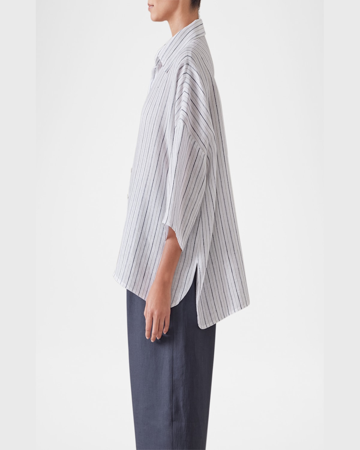 Shop Eskandar Sloped Shoulder Wide A-line Short-sleeve Shirt With Collar (mid Length) In Navygold