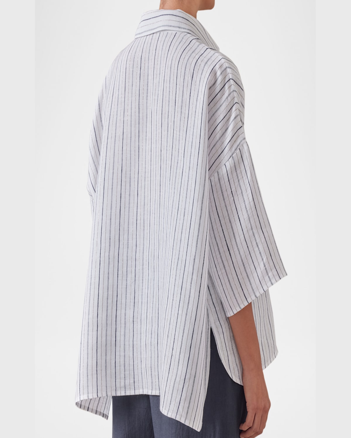 Shop Eskandar Sloped Shoulder Wide A-line Short-sleeve Shirt With Collar (mid Length) In Navygold
