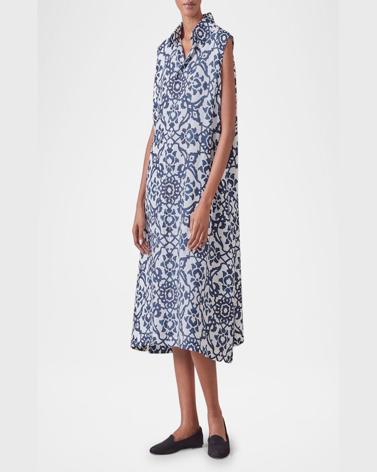 Eskandar Slim A-line Sleeveless Shirt Dress With Collar In Navy