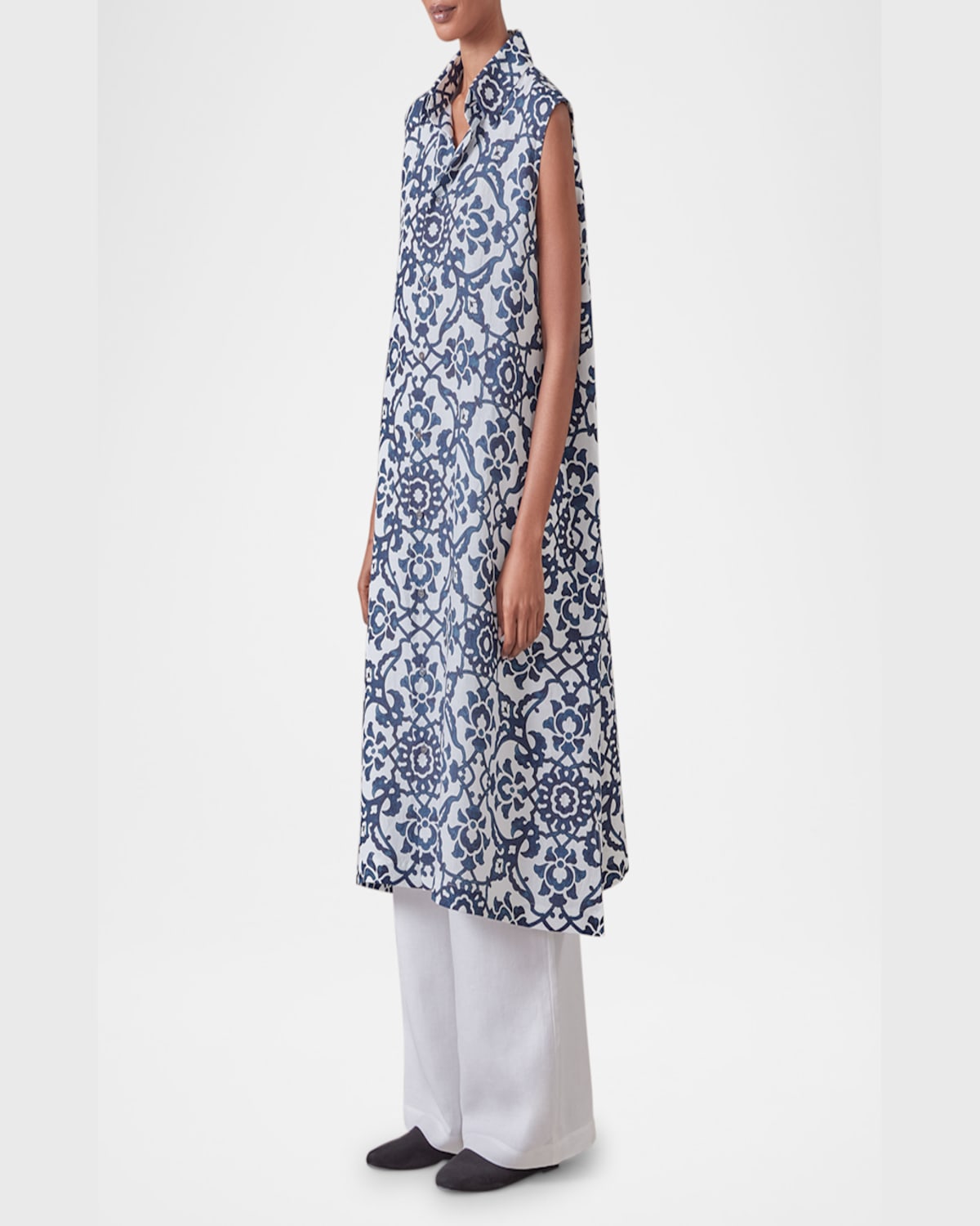 Eskandar Slim A-line Sleeveless Shirt Dress With Collar In Navy