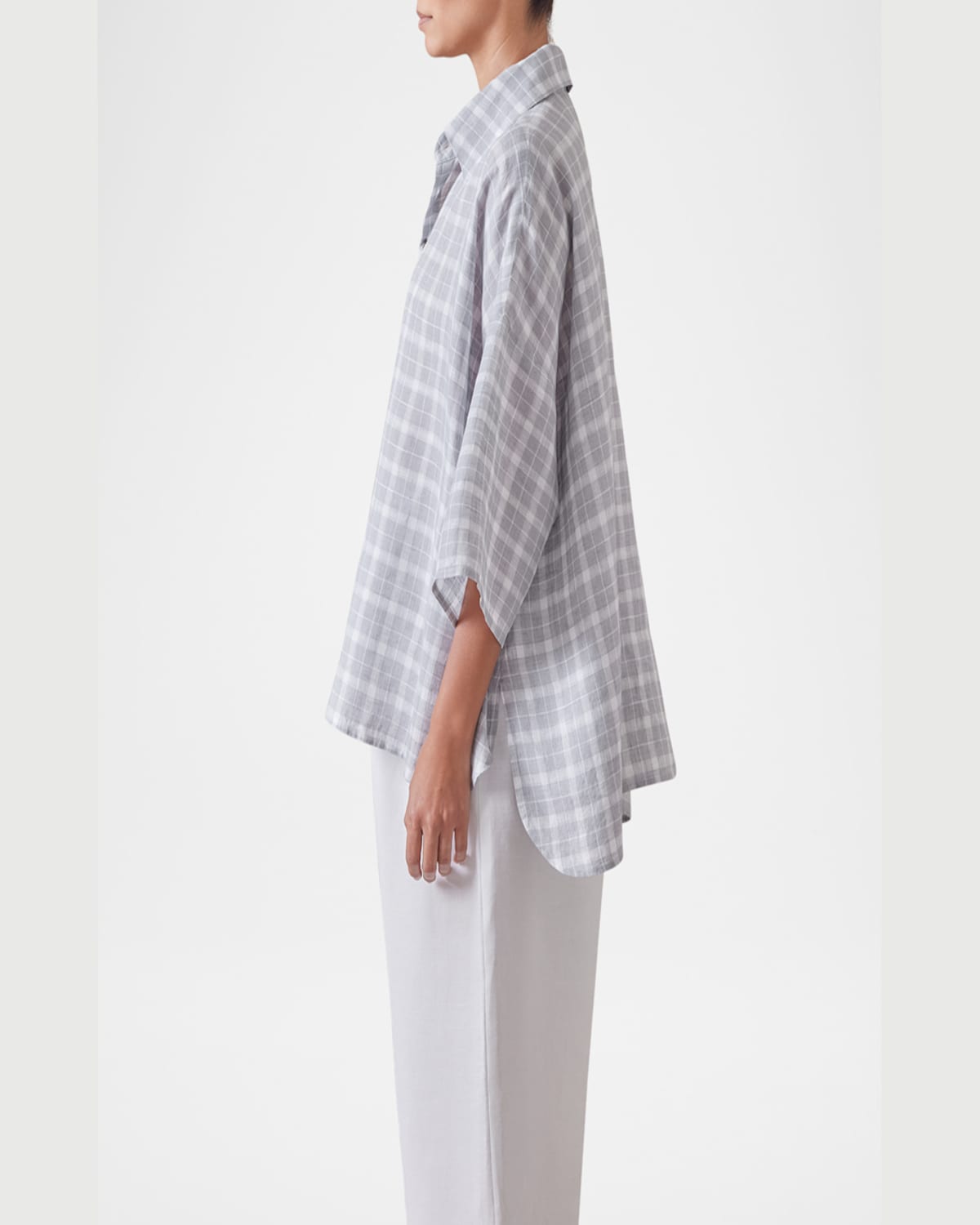 Eskandar Sloped-shoulder Wide A-line Short-sleeve Shirt With Collar (mid Length) In Grey