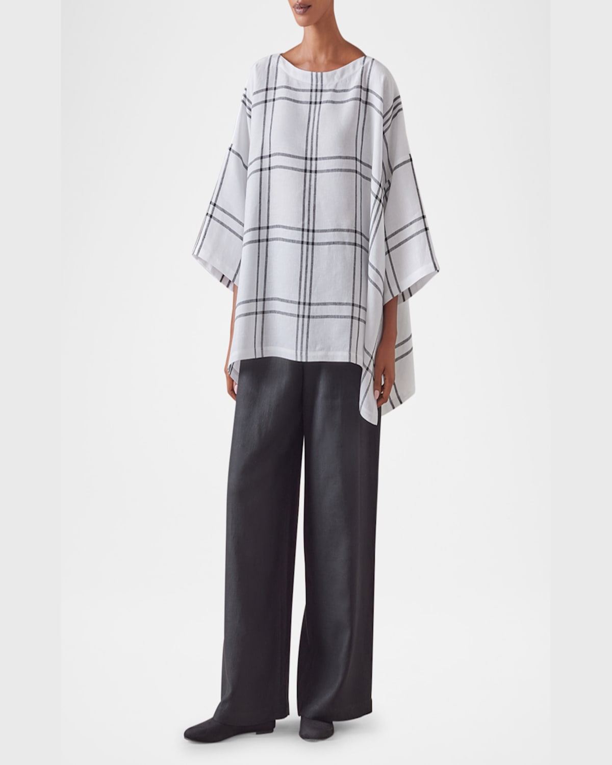 Eskandar Linen Check Tunic Top In White