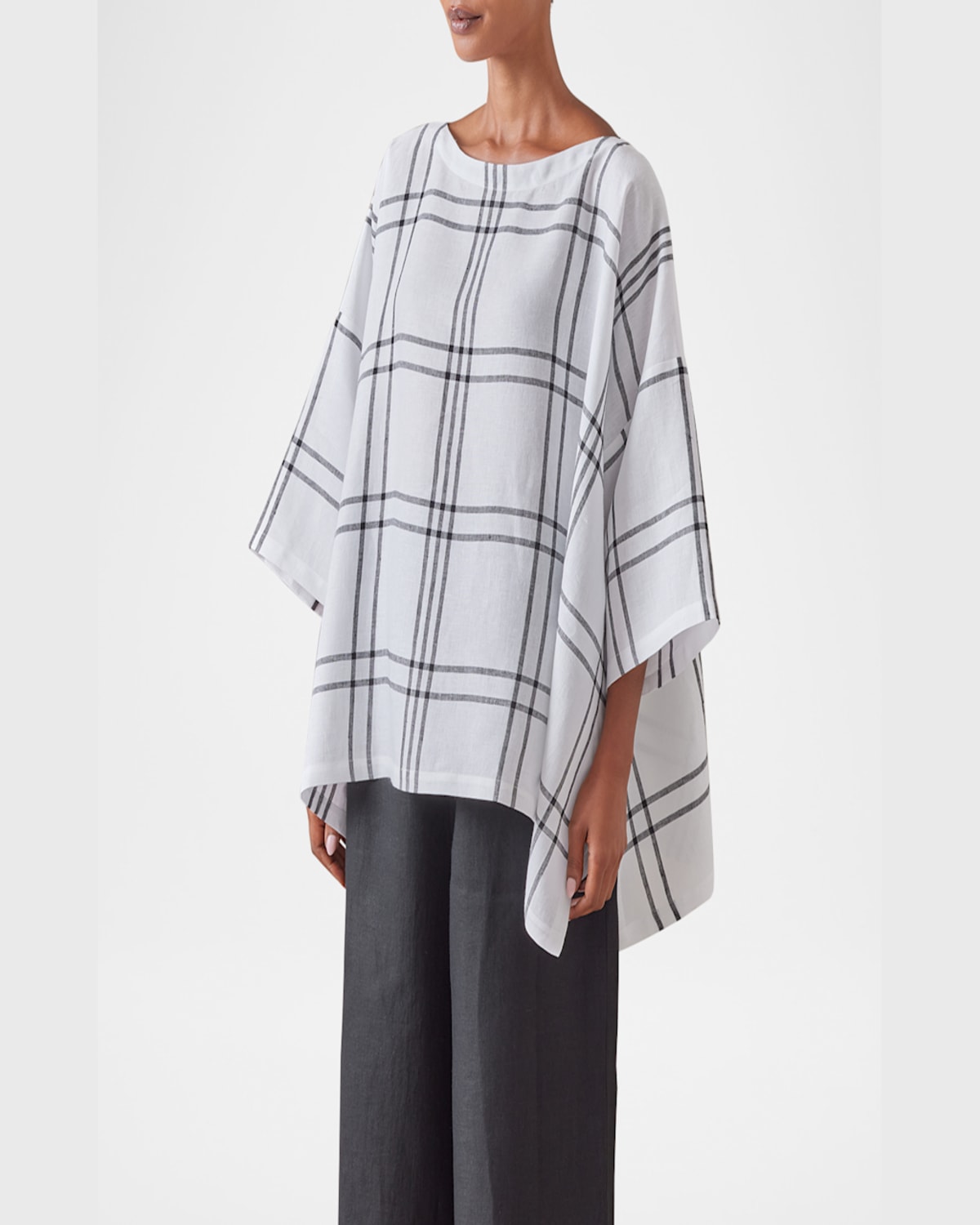Eskandar Linen Check Tunic Top In White