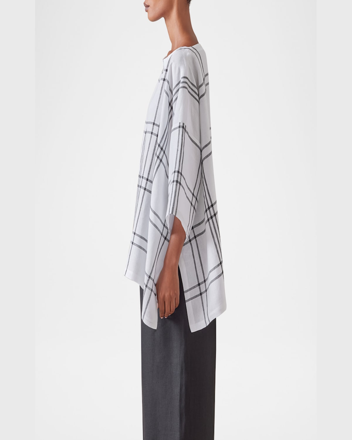 Eskandar Linen Check Tunic Top In White