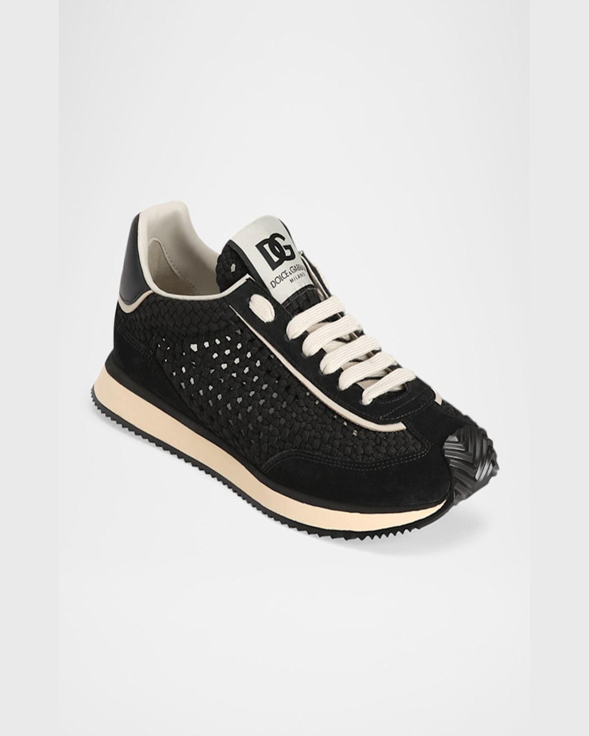 Dolce & Gabbana Dg Cushion Suede And Leather-trimmed Crocheted Sneakers In Nero/nero