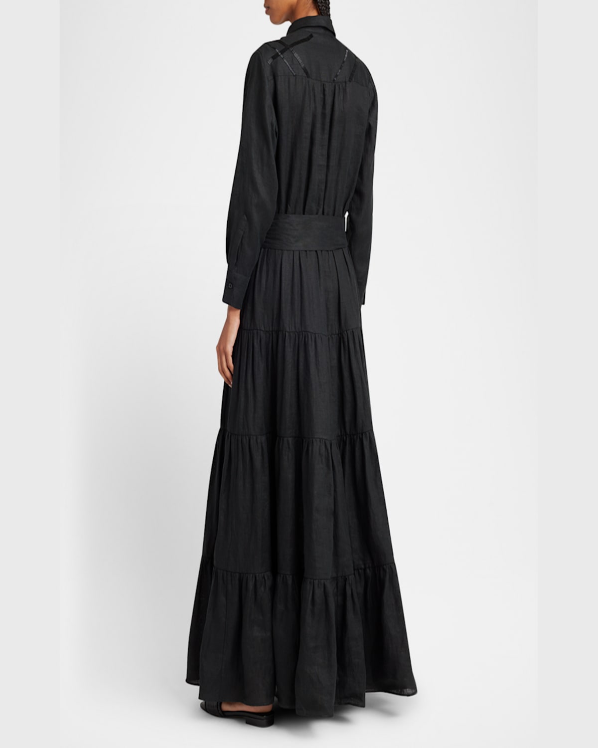 Kiton Beaded Long-sleeve Tiered Linen Maxi Shirtdress In Blk