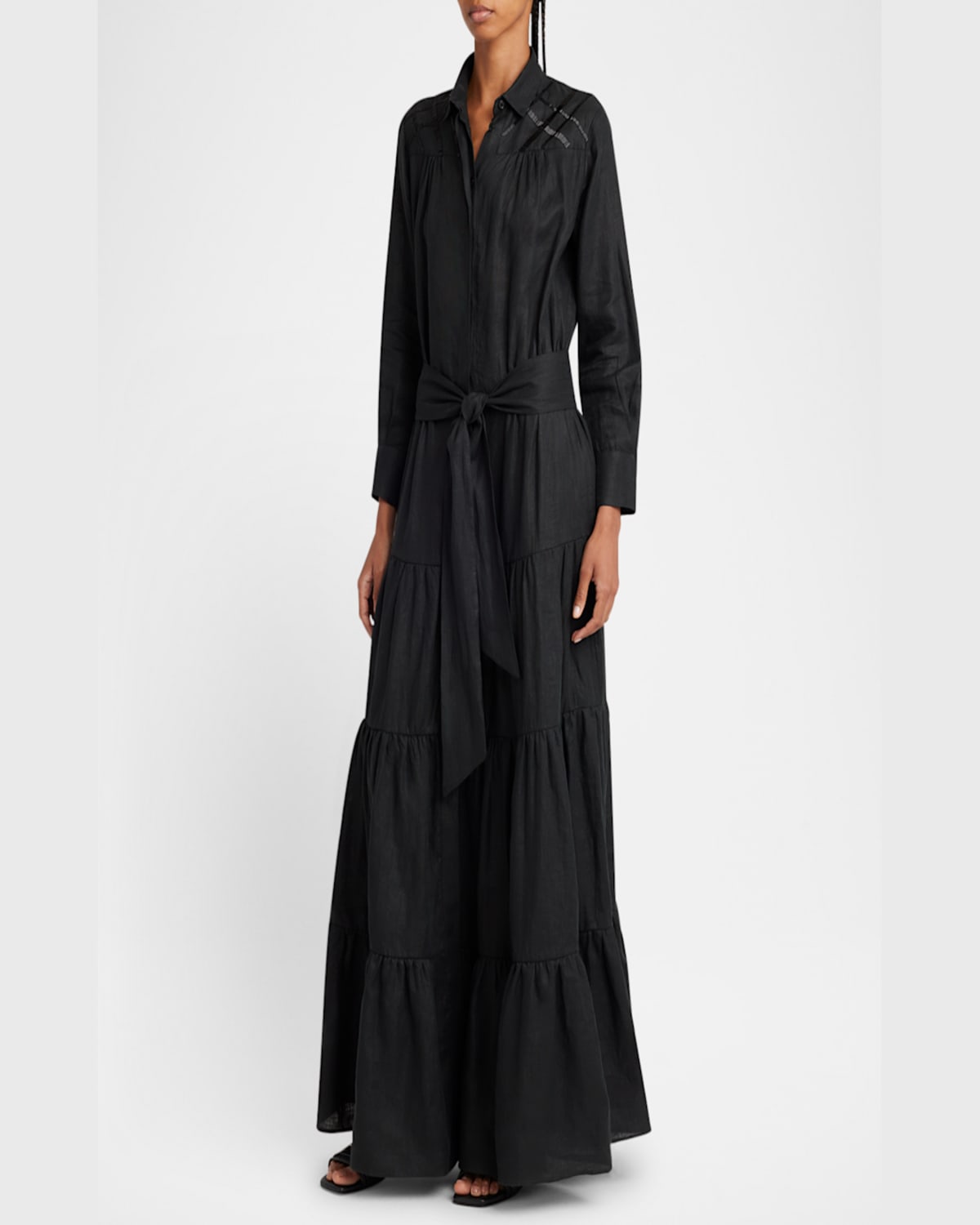 Kiton Beaded Long-sleeve Tiered Linen Maxi Shirtdress In Blk