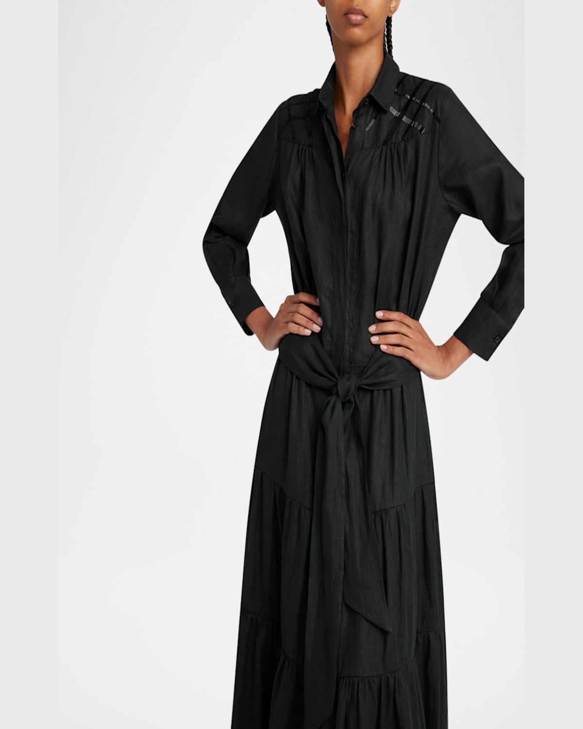 Kiton Beaded Long-sleeve Tiered Linen Maxi Shirtdress In Blk