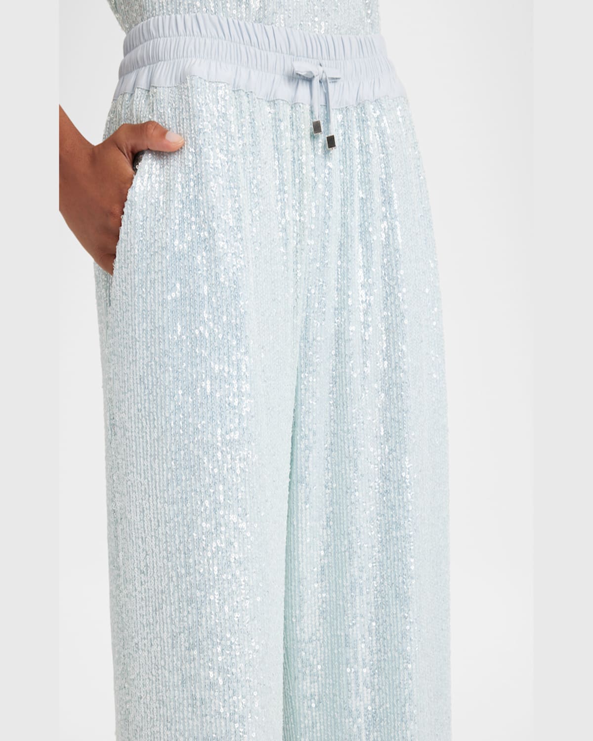 Shop Kiton Sequined Straight-leg Drawstring Pants In Lt Blu