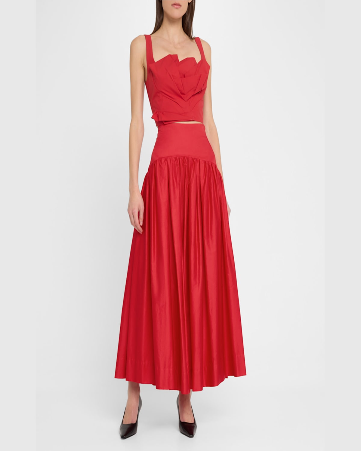 Lela Rose Drop-waist Gathered Cotton Poplin Midi Skirt In Poppy