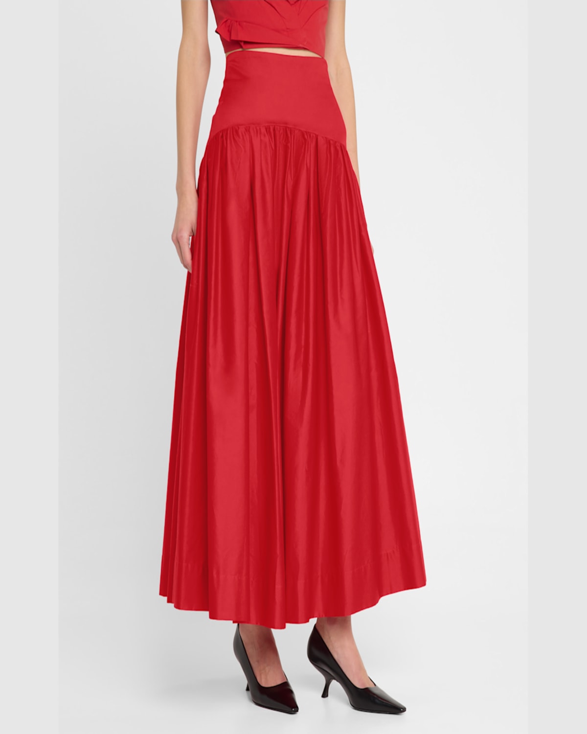 Lela Rose Drop-waist Gathered Cotton Poplin Midi Skirt In Poppy