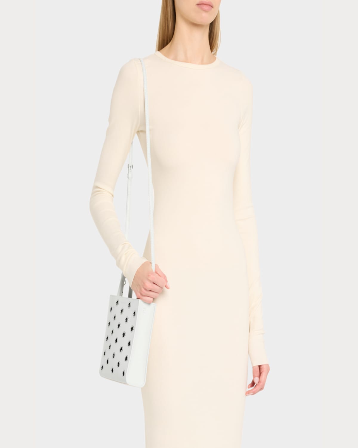 Shop Veronica Beard Small Grommet Leather Shopper Crossbody Bag In Off Whitesilver