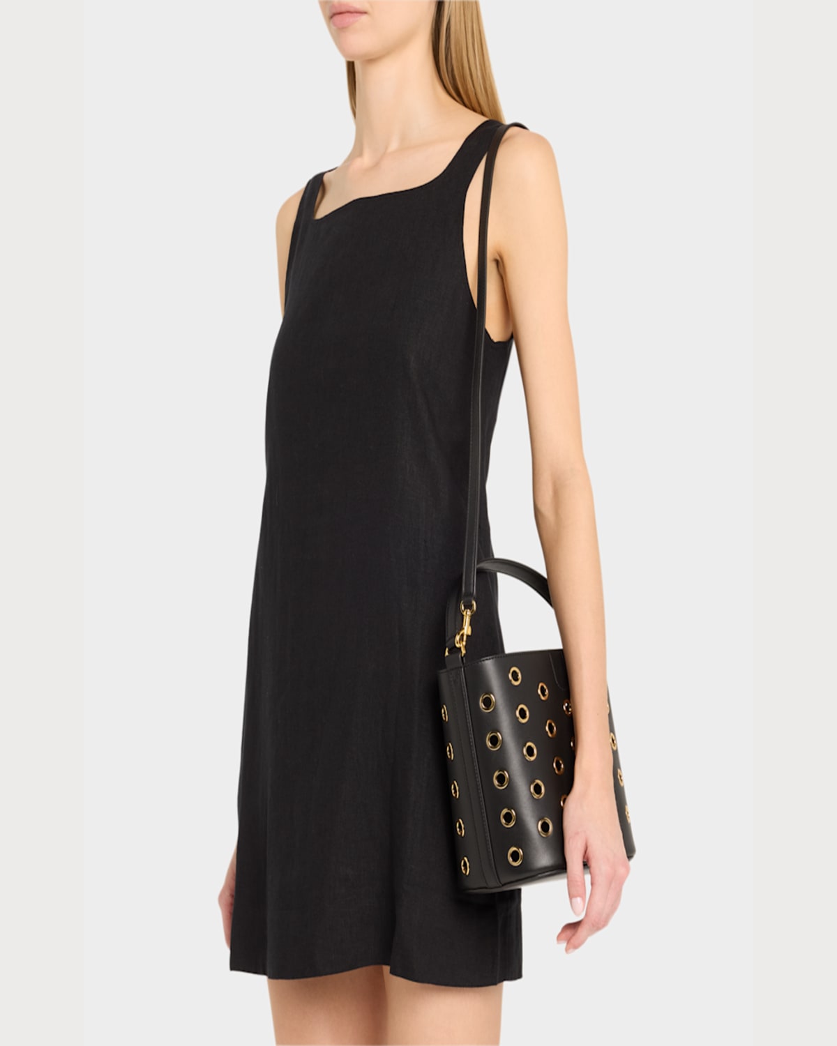 Shop Veronica Beard Small Grommet Leather Bucket Bag In Blackgold