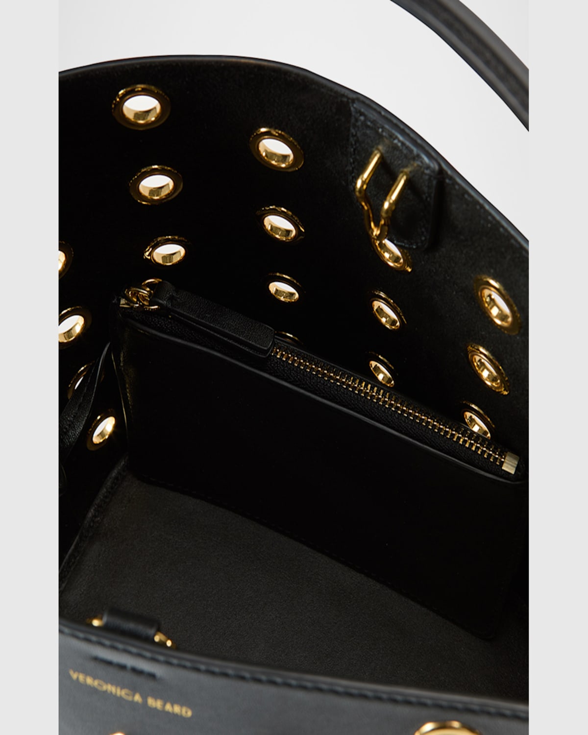 Shop Veronica Beard Small Grommet Leather Bucket Bag In Blackgold