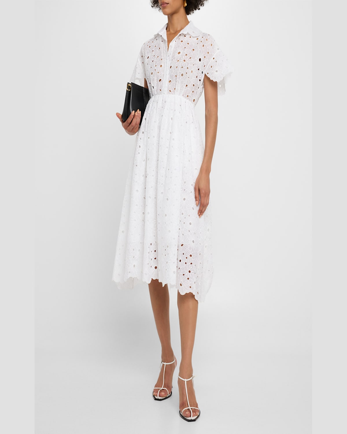 DICE KAYEK DAISY EYELET SHORT-SLEEVE MIDI SHIRTDRESS WITH CAMISOLE 