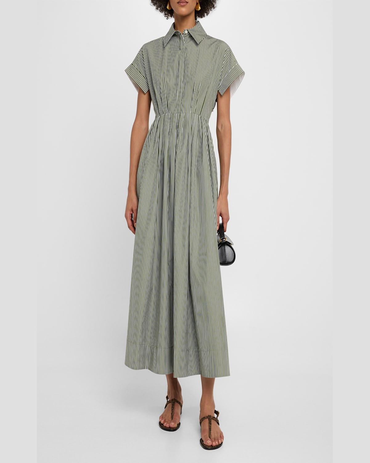 DICE KAYEK STRIPED SHORT-SLEEVE PLEATED MIDI SHIRTDRESS 